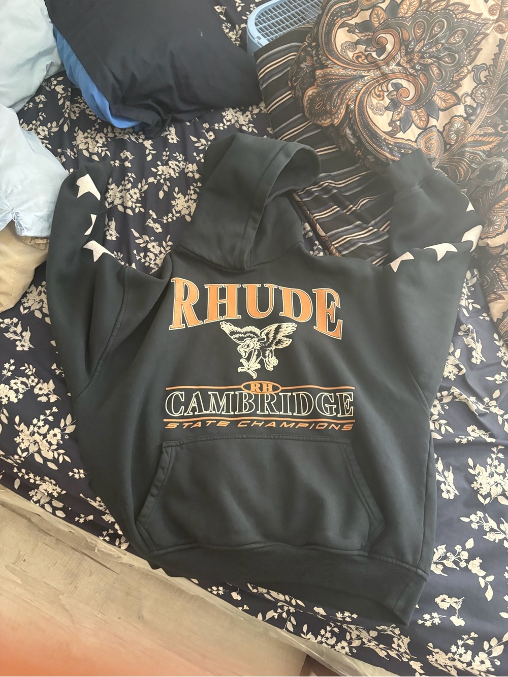 Rhude Black Hoodie with Orange Lettering for Kids
